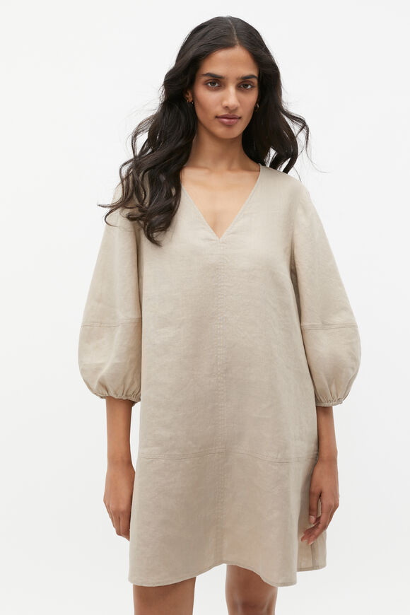 Linen V Neck Seam Detail Mini Dress  Cool Sand  hi-res