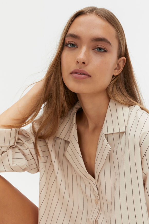 Stripe Long Sleeve Shirt And Short PJ Set  Nougat Stripe  hi-res