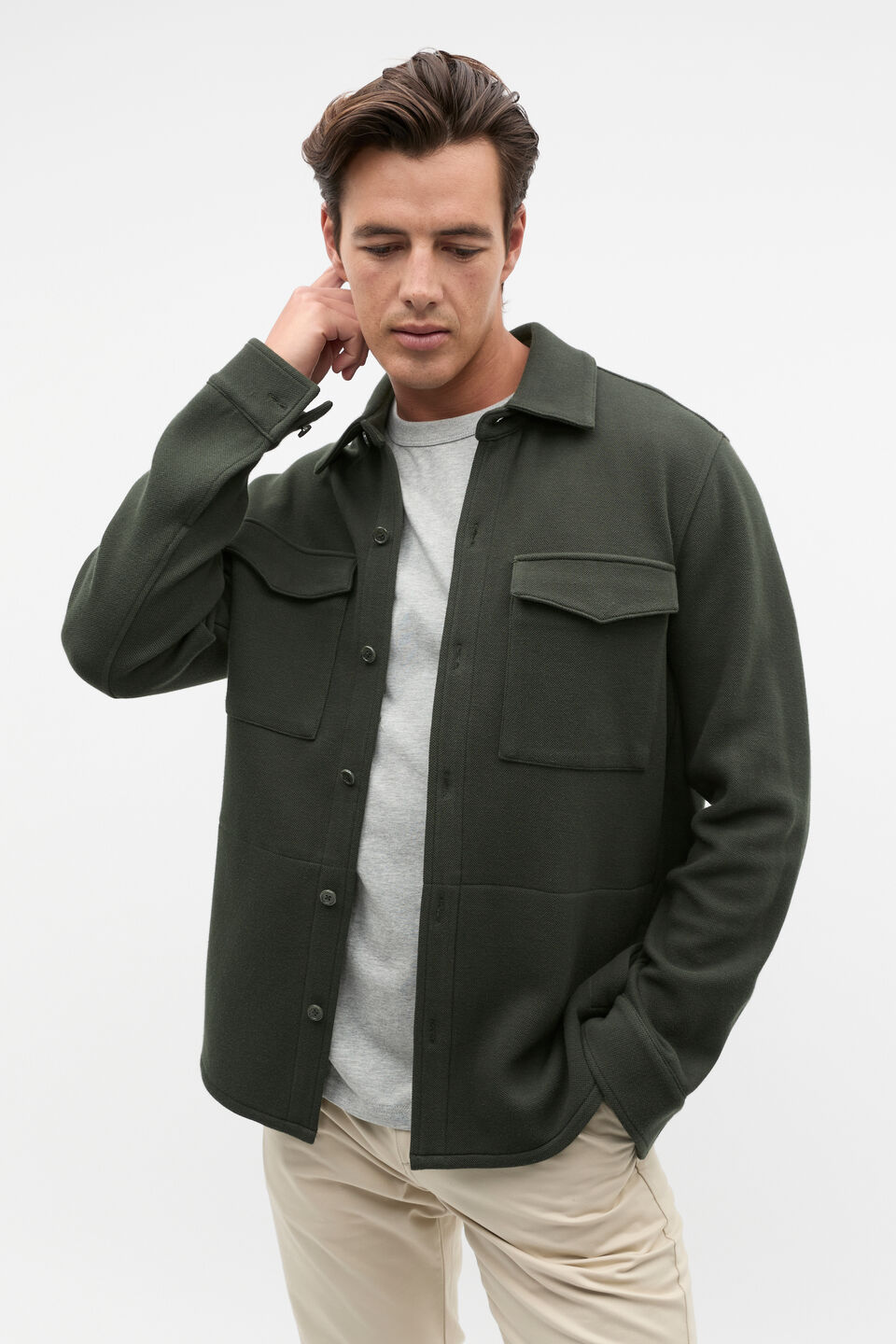 Pique Knit Overshirt  Dark Khaki
