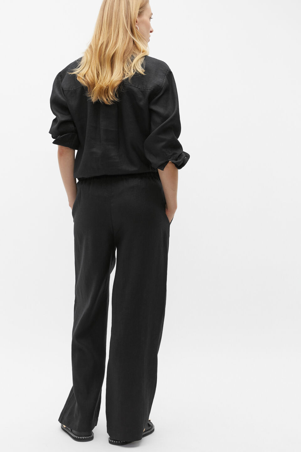 Core Linen Wide Leg Tie Pant  Black