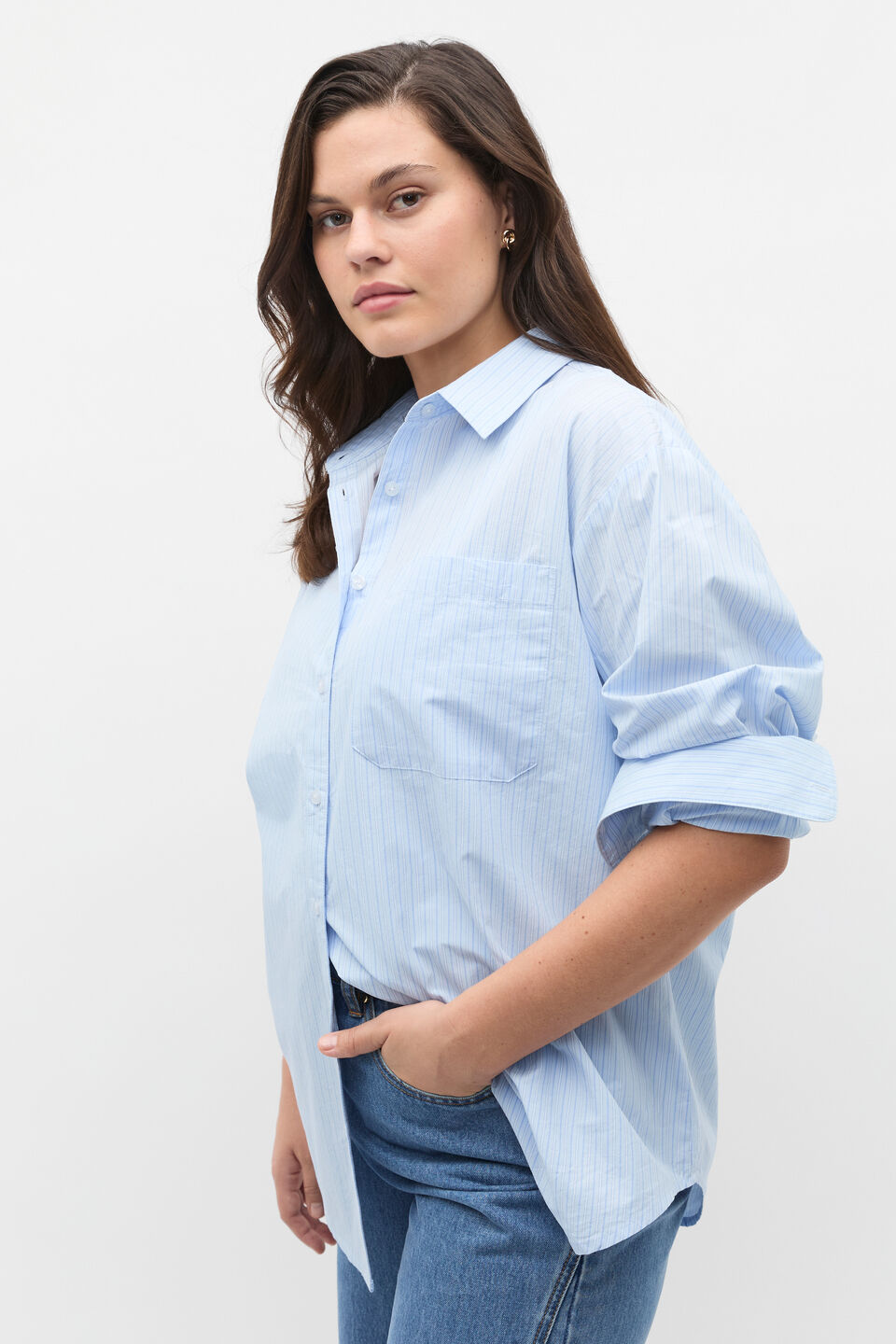 Poplin Pocket Front Shirt  Ice Blue Stripe