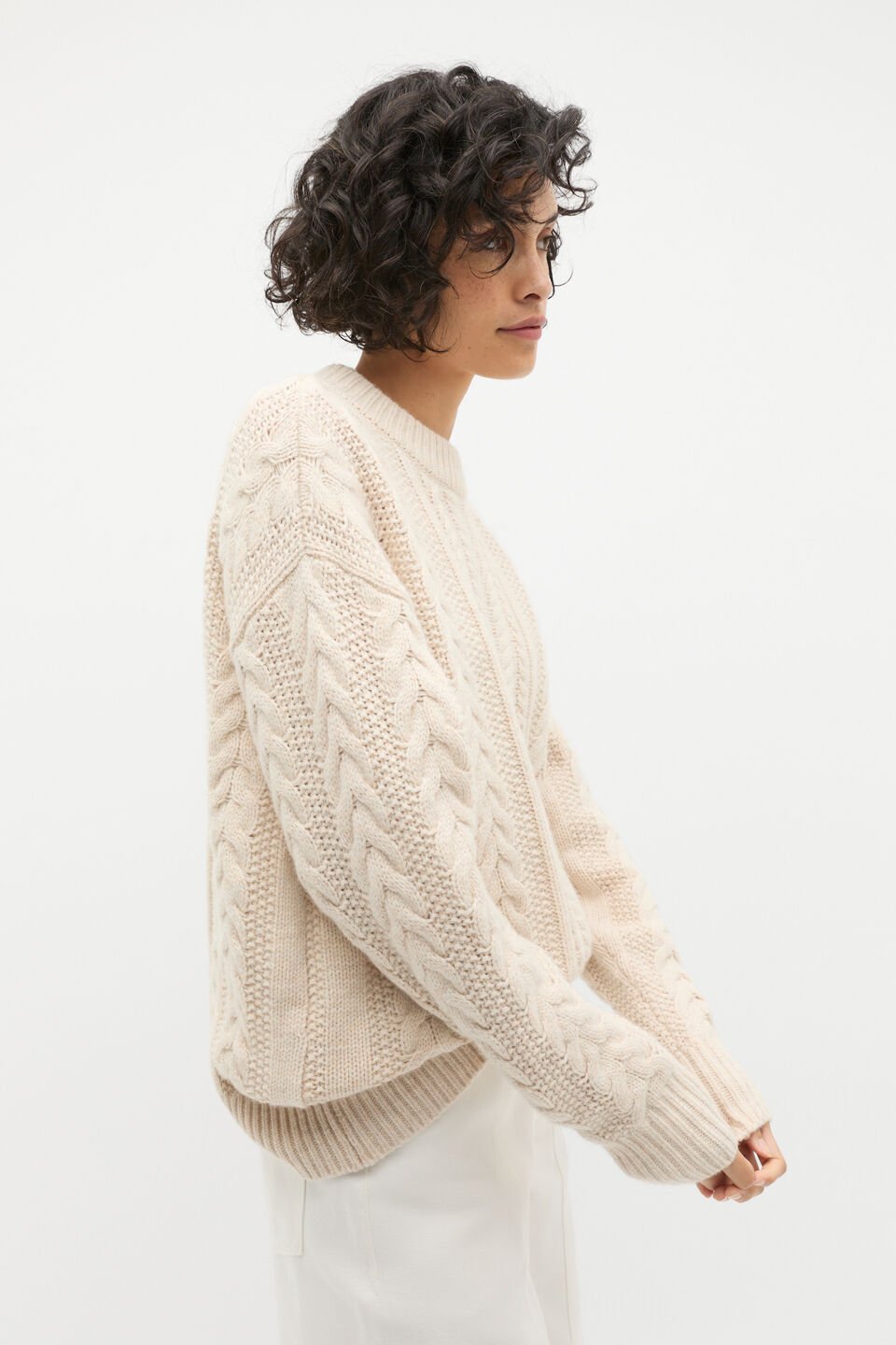 Cable Slouch Crew Neck Knit  Oat Marle