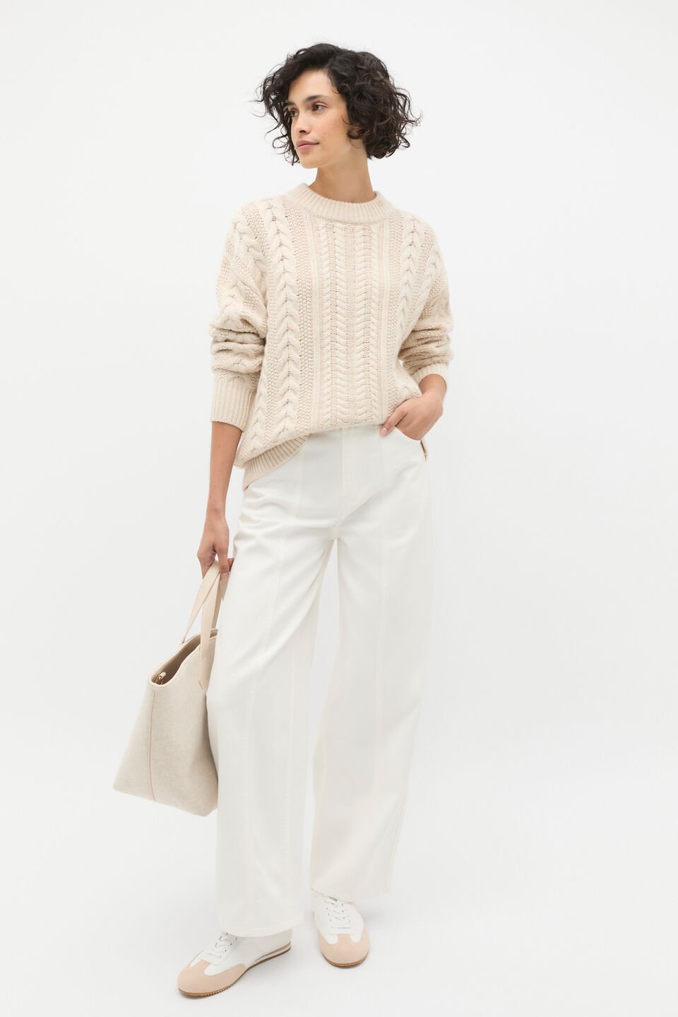 Cable Slouch Crew Neck Knit  Oat Marle
