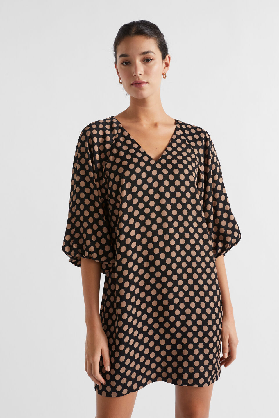 Spot Twill V Neck Mini Dress  Macchiato Spot