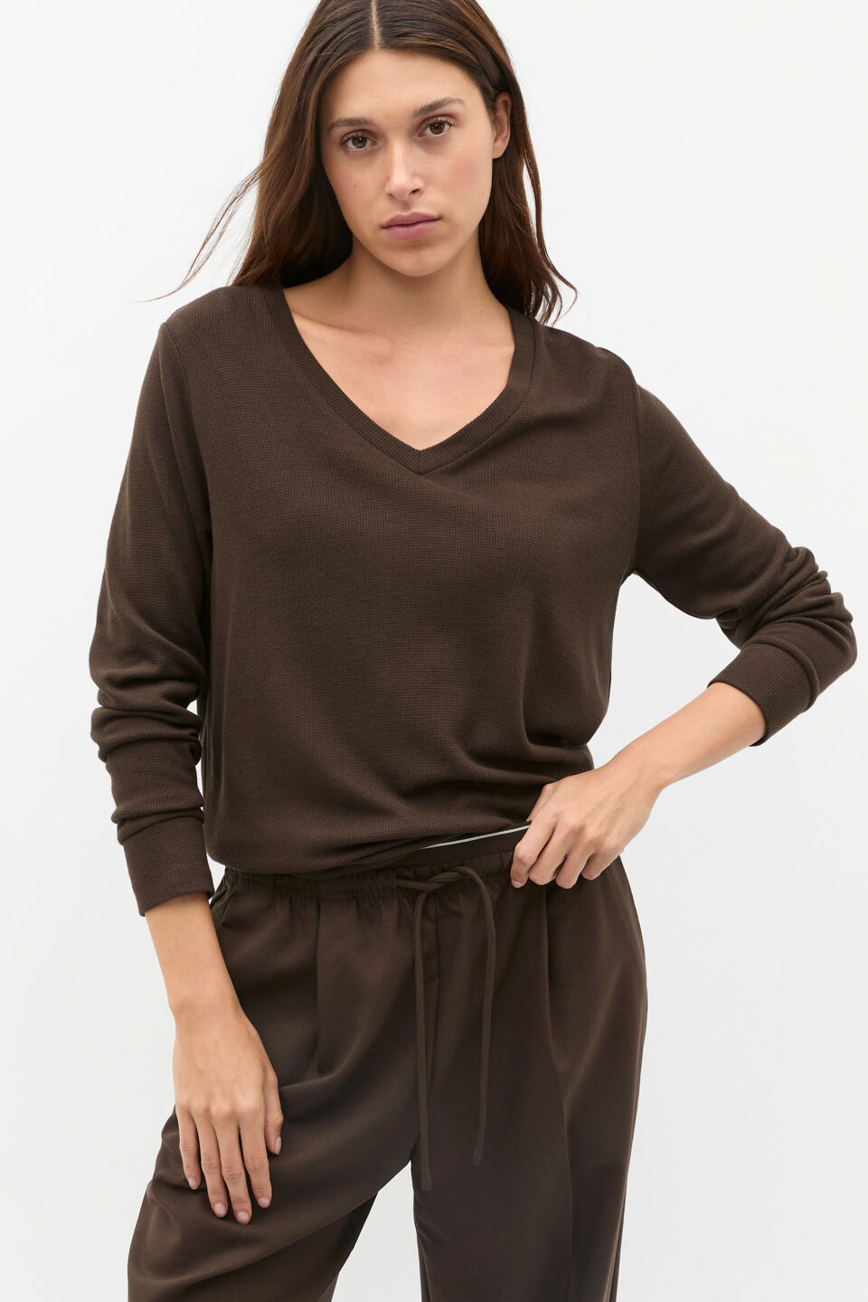 Supersoft Waffle V Neck Top  Dark Espresso