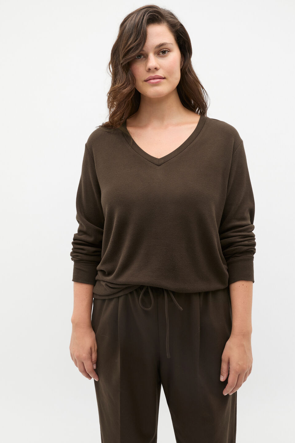 Supersoft Waffle V Neck Top  Dark Espresso