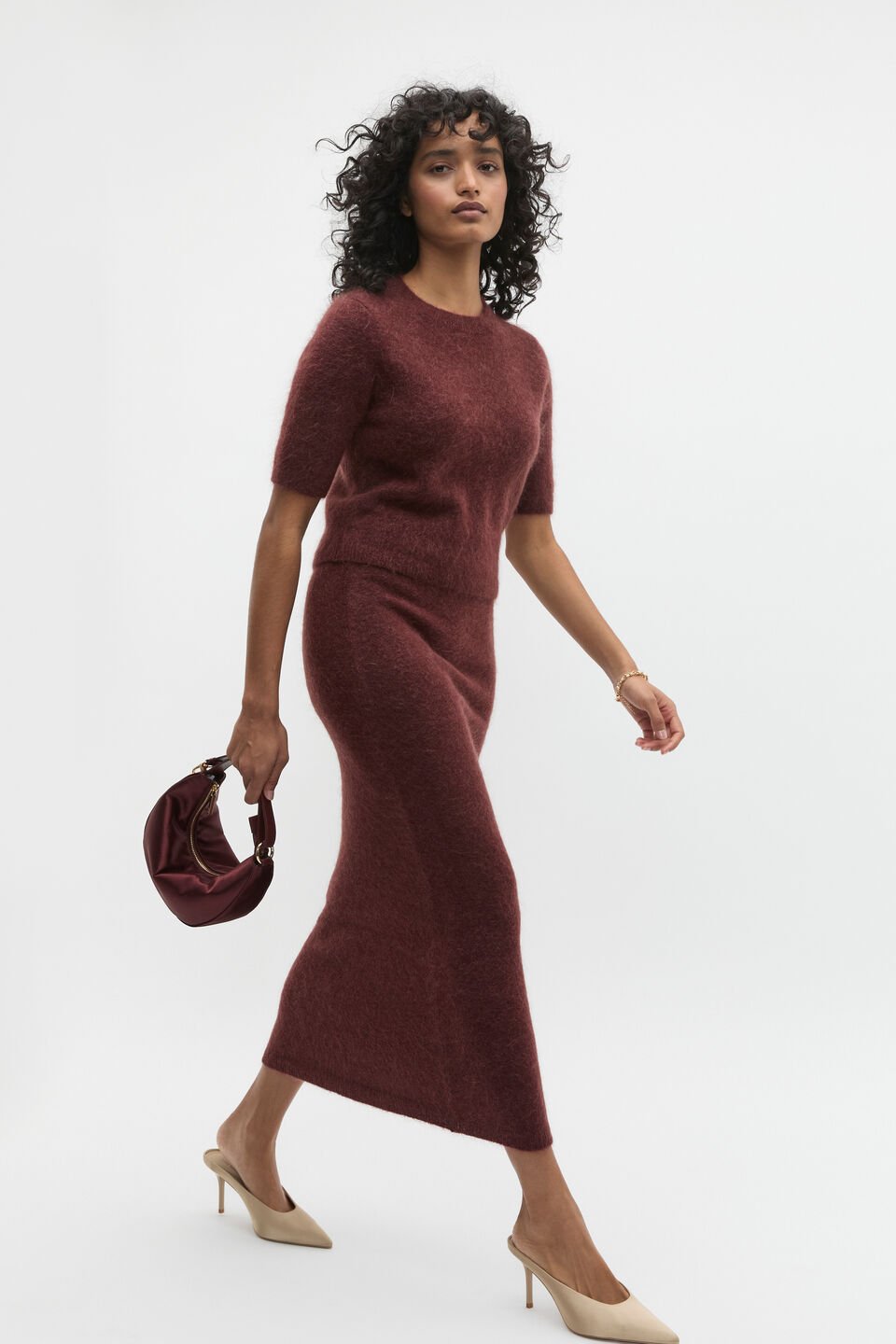 Fluffy Knit Midi Skirt  Merlot