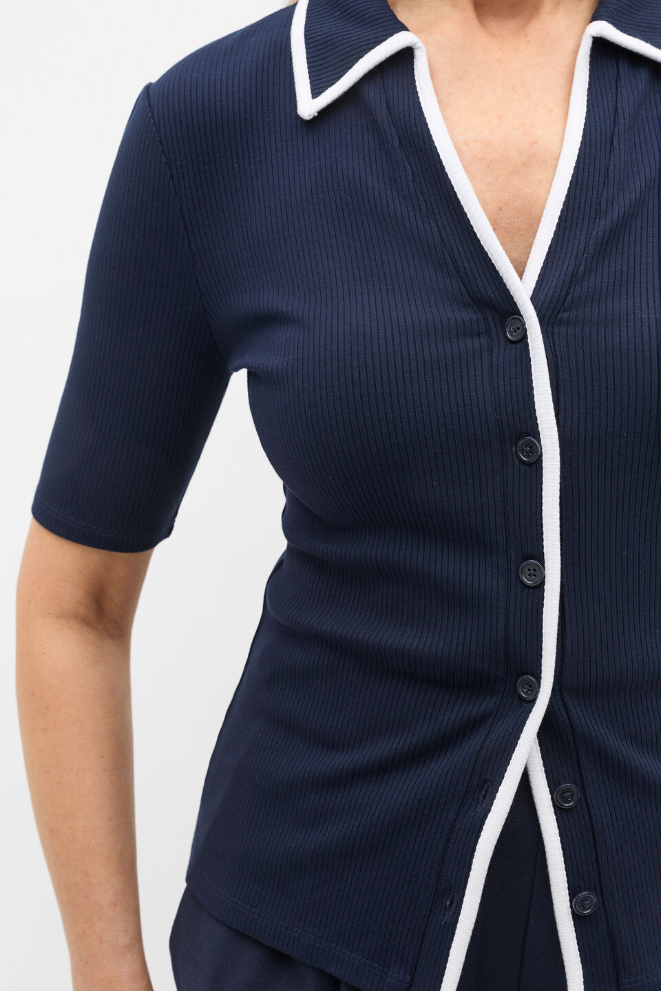 Rib Contrast Button Down Top  Twilight Blue