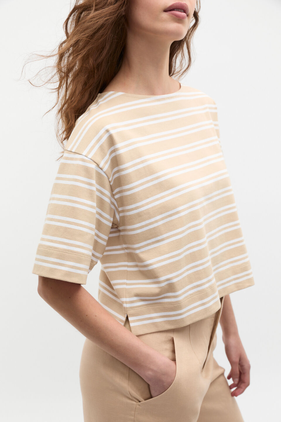Cotton Boxy Split Hem Tee  Ecru Stripe