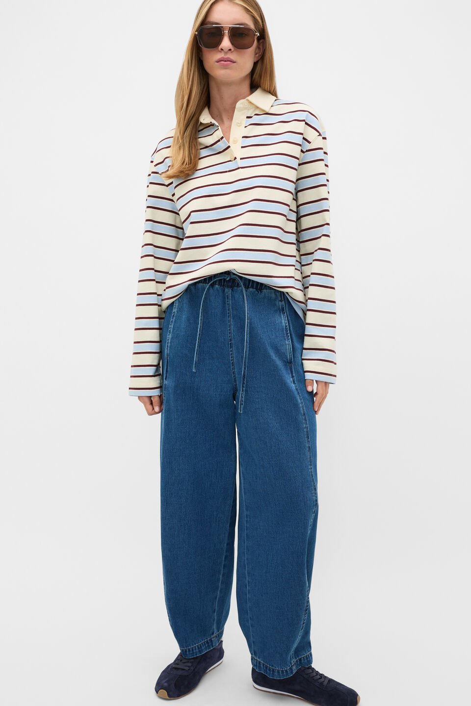 Relaxed Cotton Rugby Polo Top  Arctic Blue Stripe