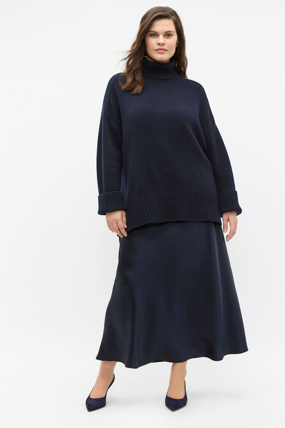 Merino Wool Roll Neck Side Split Knit  Twilight Blue