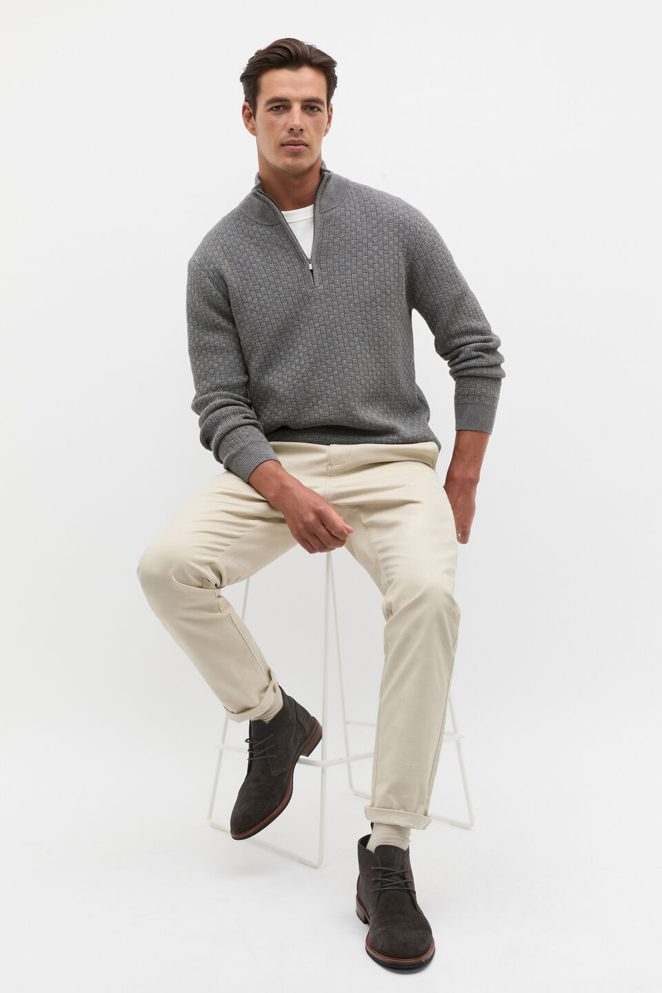 Textured Half Zip Knit  Vintage Grey Marle