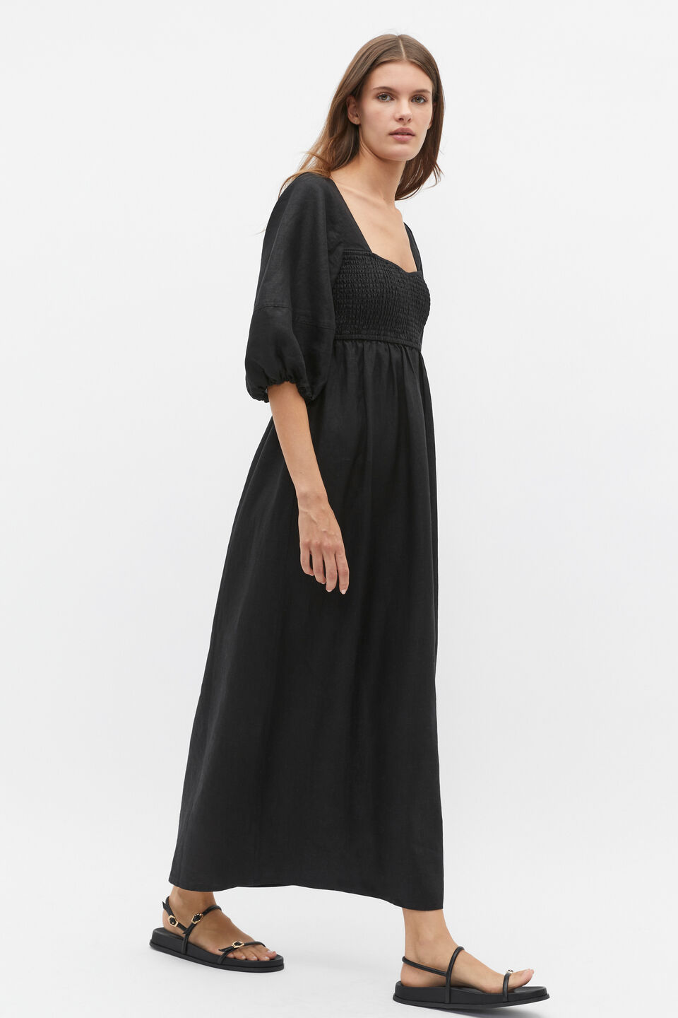 Linen Puff Sleeve Sun Dress  Black