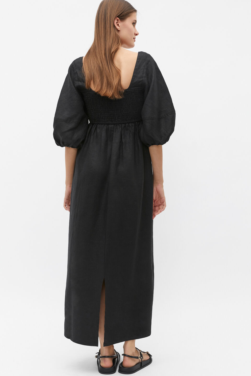 Linen Puff Sleeve Sun Dress  Black