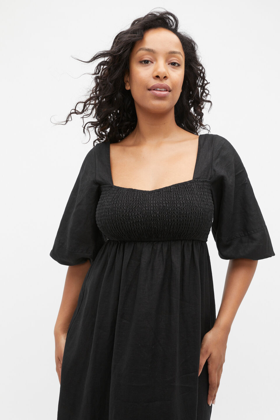 Linen Puff Sleeve Sun Dress  Black