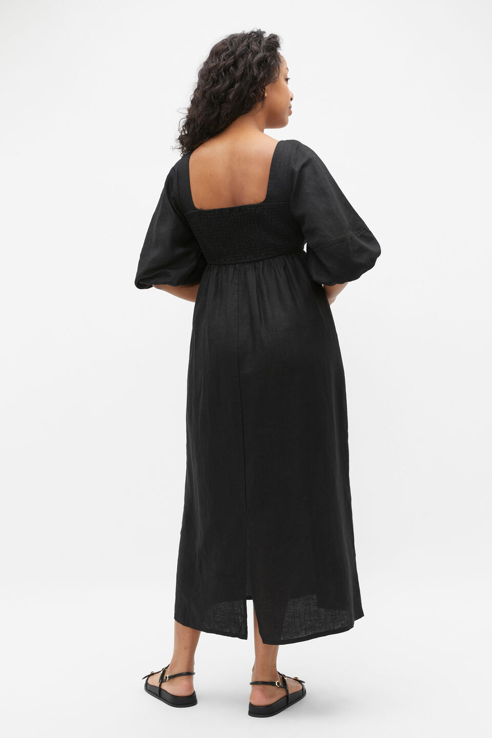 Linen Puff Sleeve Sun Dress  Black