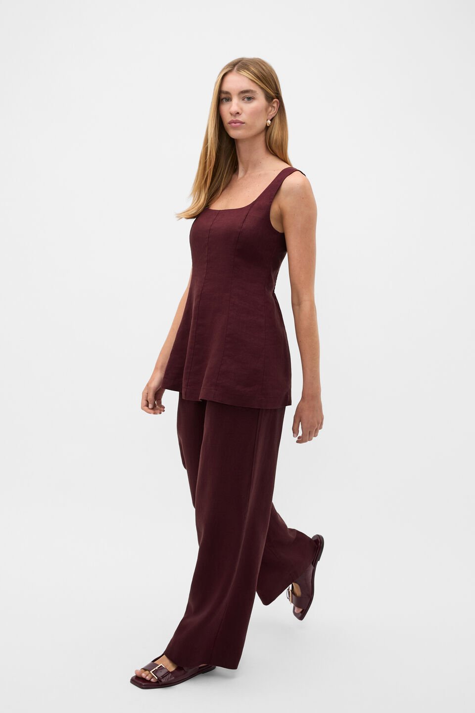 Linen Longline Waisted Top  Plum Red