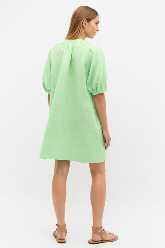 Linen Gathered Mini Dress  Green Apple  hi-res