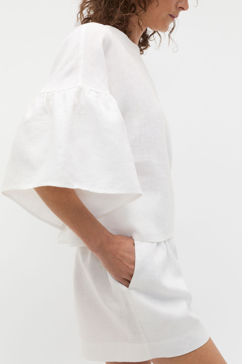 Linen Frill Sleeve Top  Whisper White