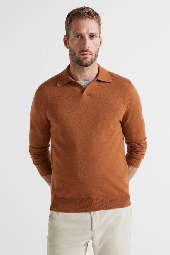 Merino Wool Polo Knit  Nutmeg  hi-res