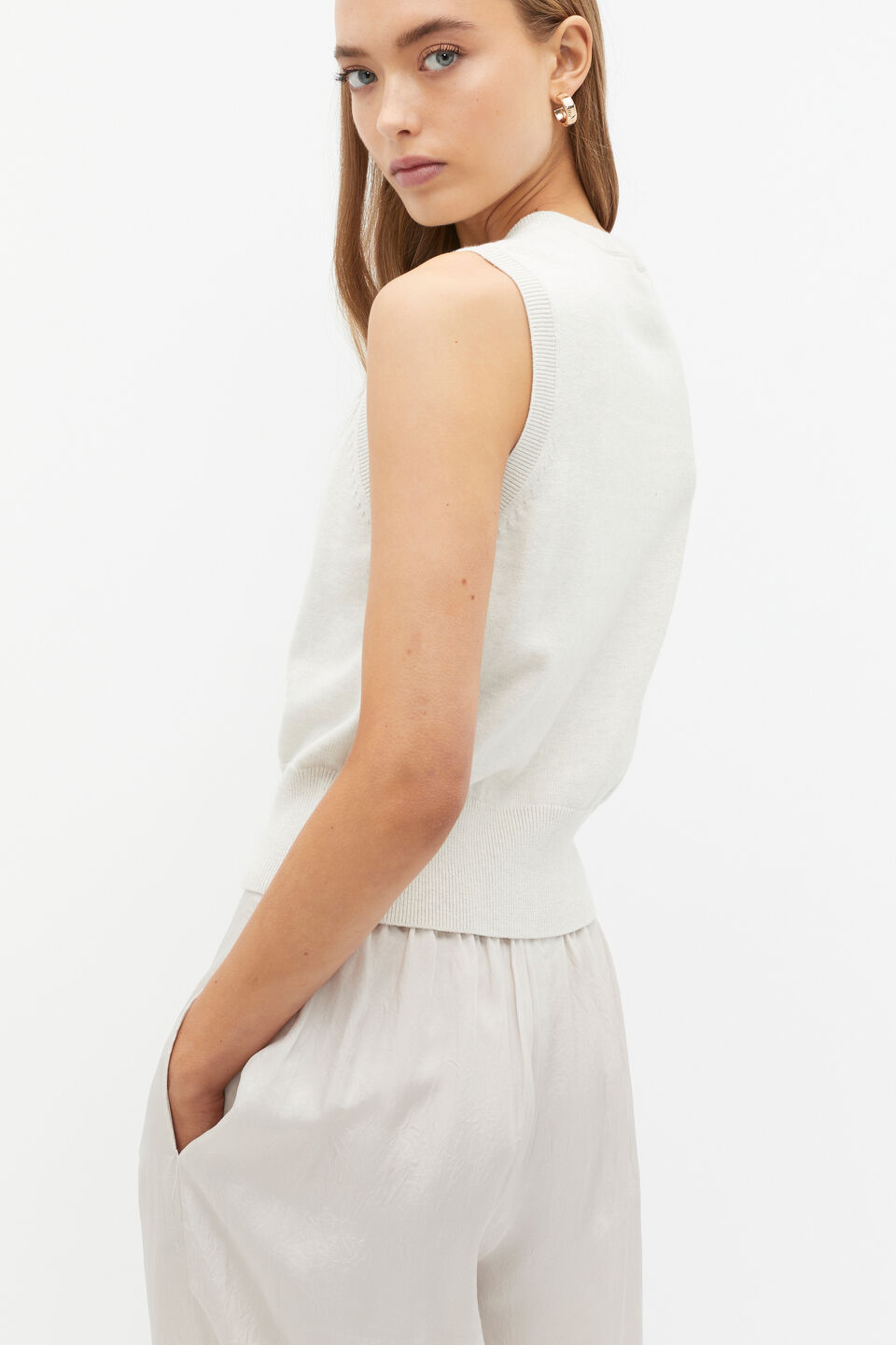 Cotton Blend Button Knit Vest  Oat Marle