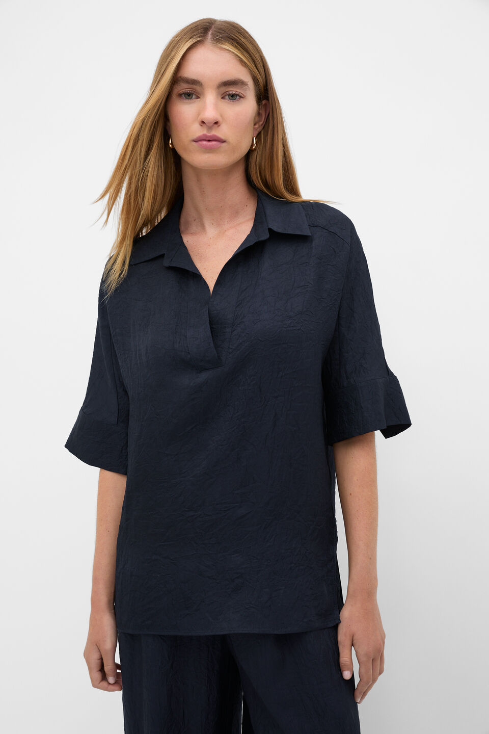 Textured Satin Collared Popover  Twilight Blue