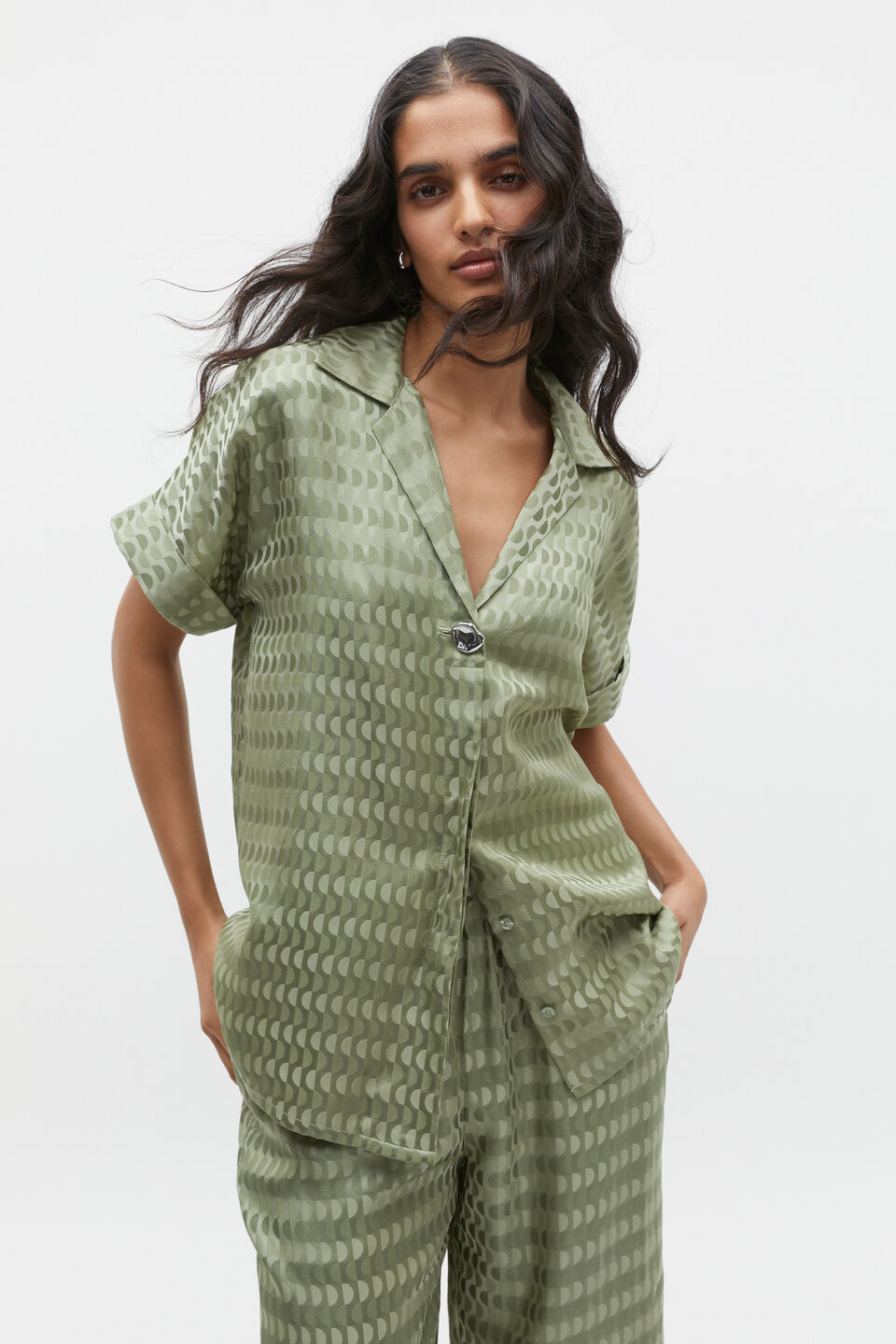 Jacquard Short Sleeve Shirt  Pale Olive