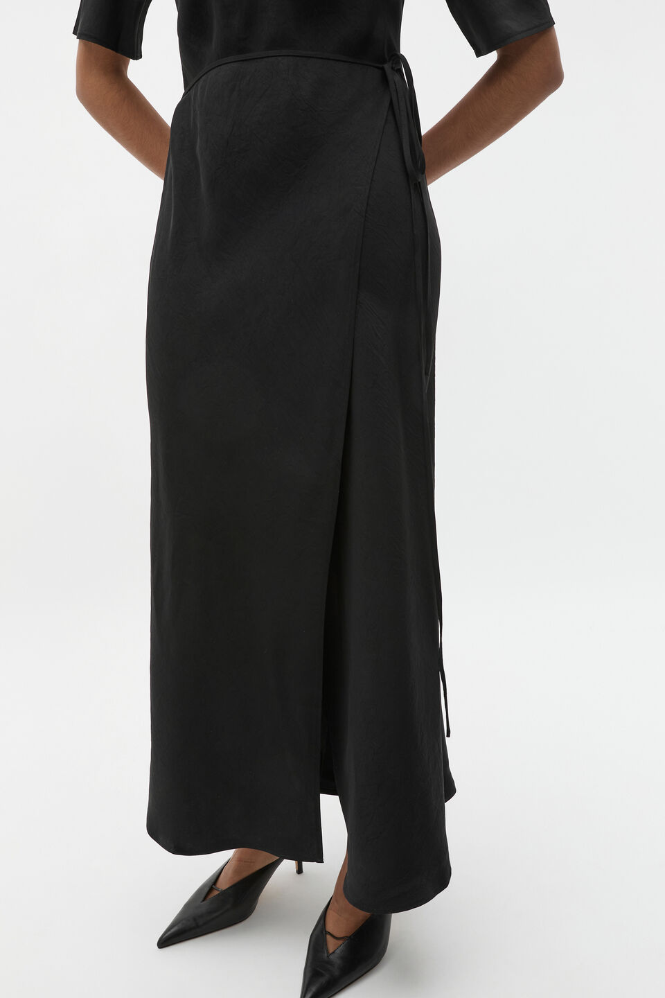 Crinkle Satin Wrap Dress  Black