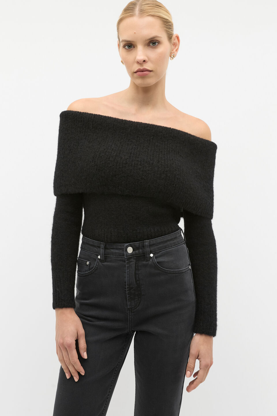 Rib Off Shoulder Knit  Black