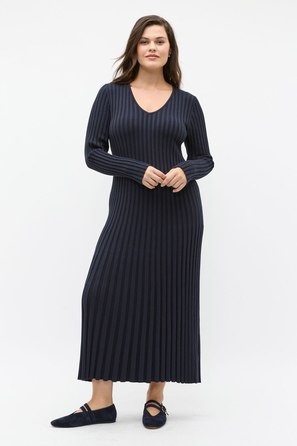 Pleated V Neck Knit Dress  Twilight Blue