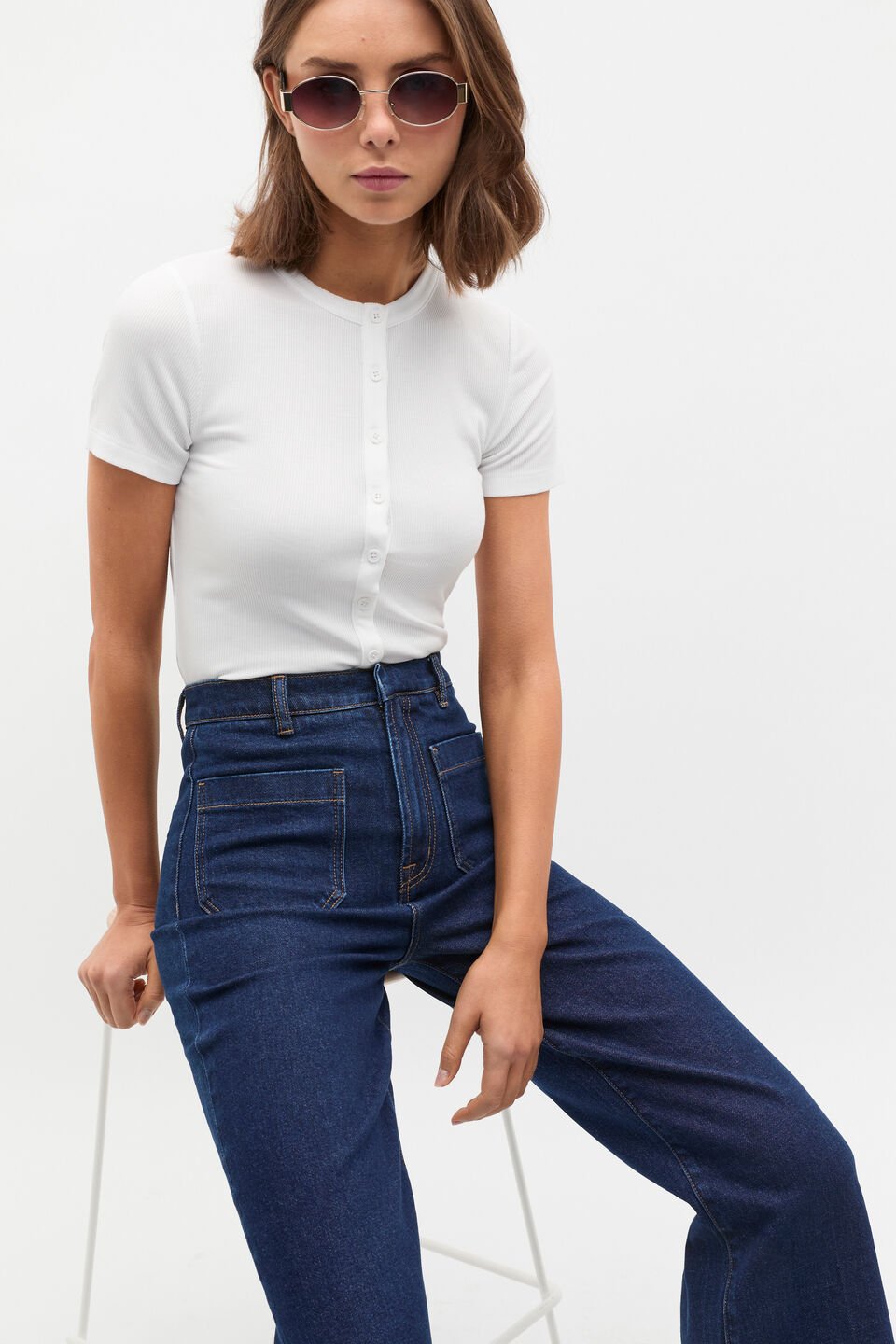 Rib Button Through Top  Whisper White