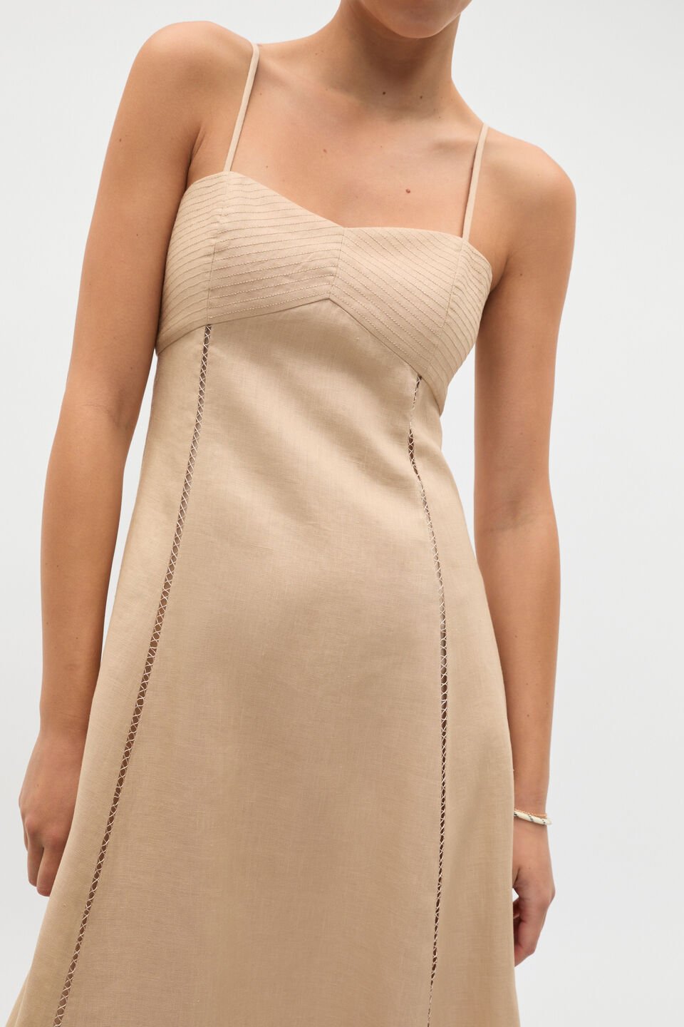 Linen Trim Insert Midi Dress  Ecru