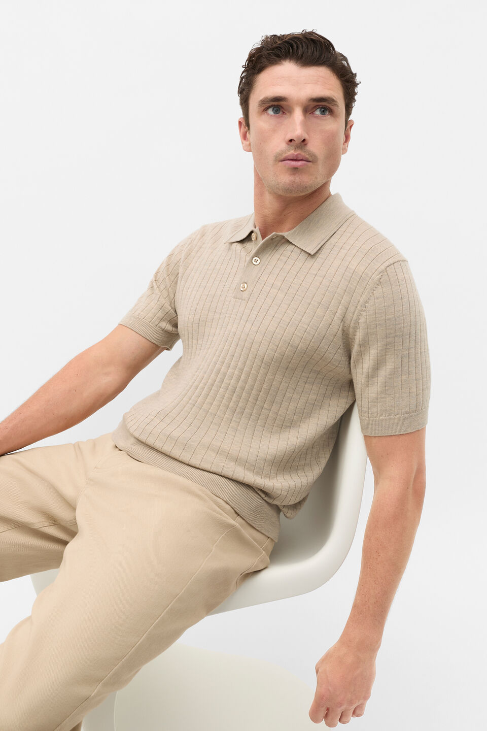 Short Sleeve Merino Knit Polo  Dark Stone