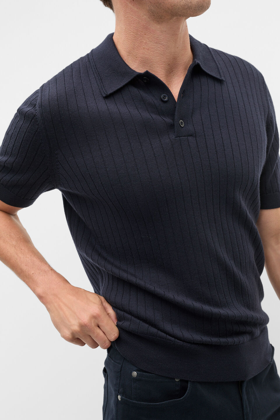 Short Sleeve Merino Knit Polo  Midnight Blue