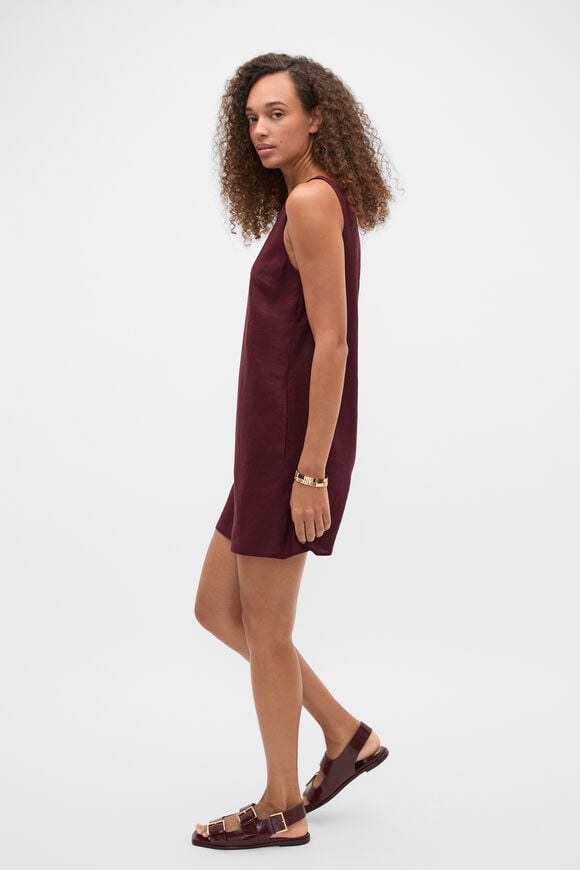 Linen Boat Neck Mini Dress  Plum Red  hi-res