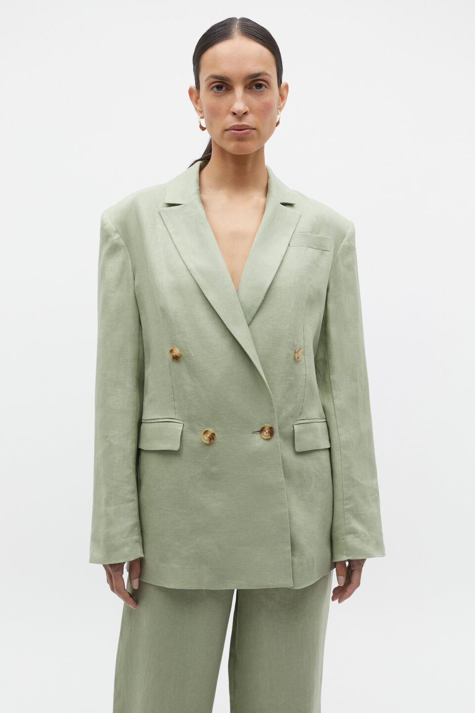 Linen Double Breasted Blazer  Pale Olive