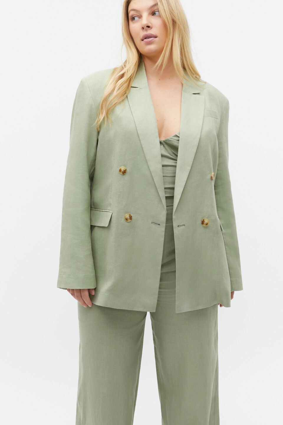 Linen Double Breasted Blazer  Pale Olive
