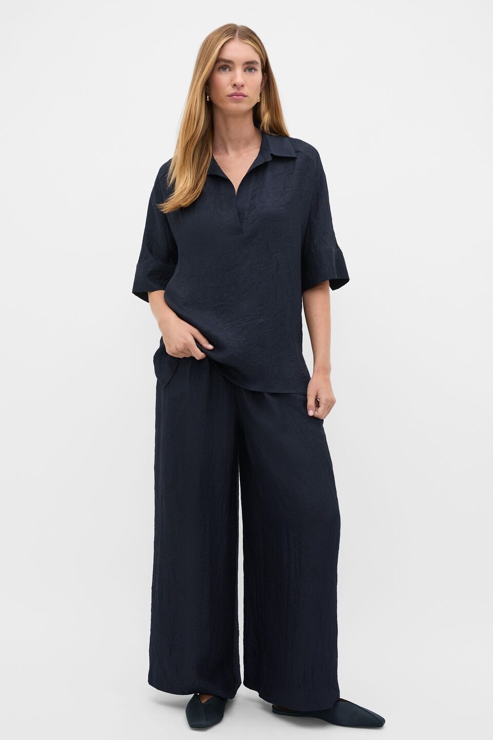 Textured Satin Collared Popover  Twilight Blue