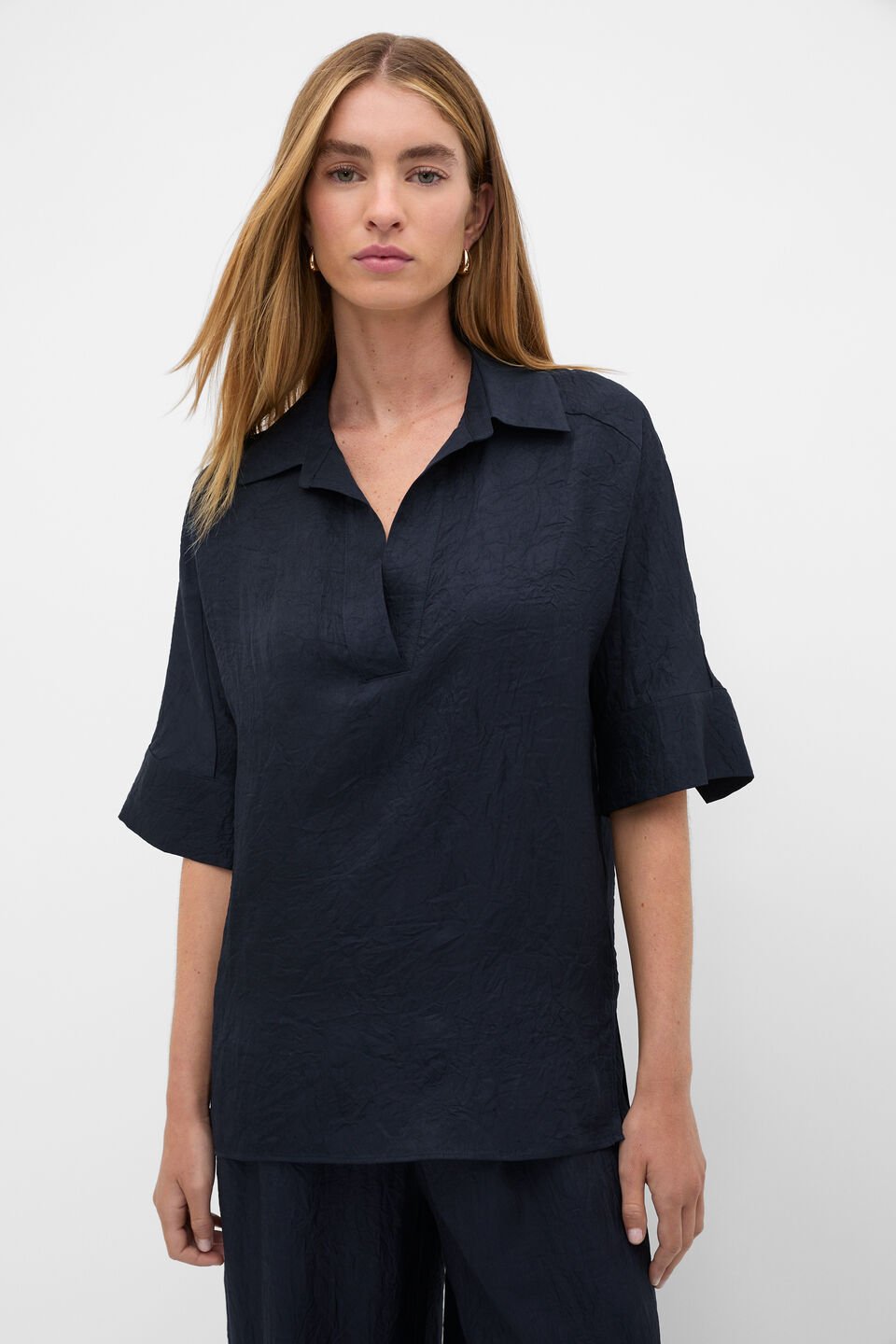 Textured Satin Collared Popover  Twilight Blue