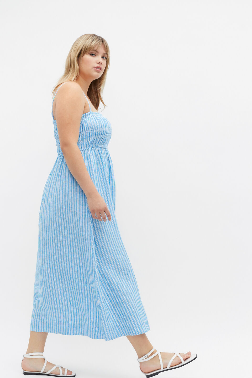 Linen Smocked Midi Dress  Amalfi Stripe