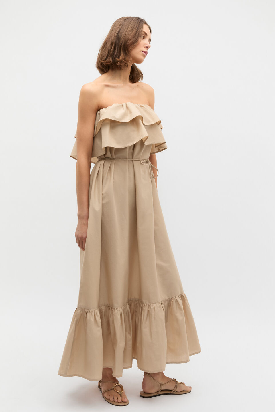 Voile Strapless Ruffle Maxi Dress  Iced Latte