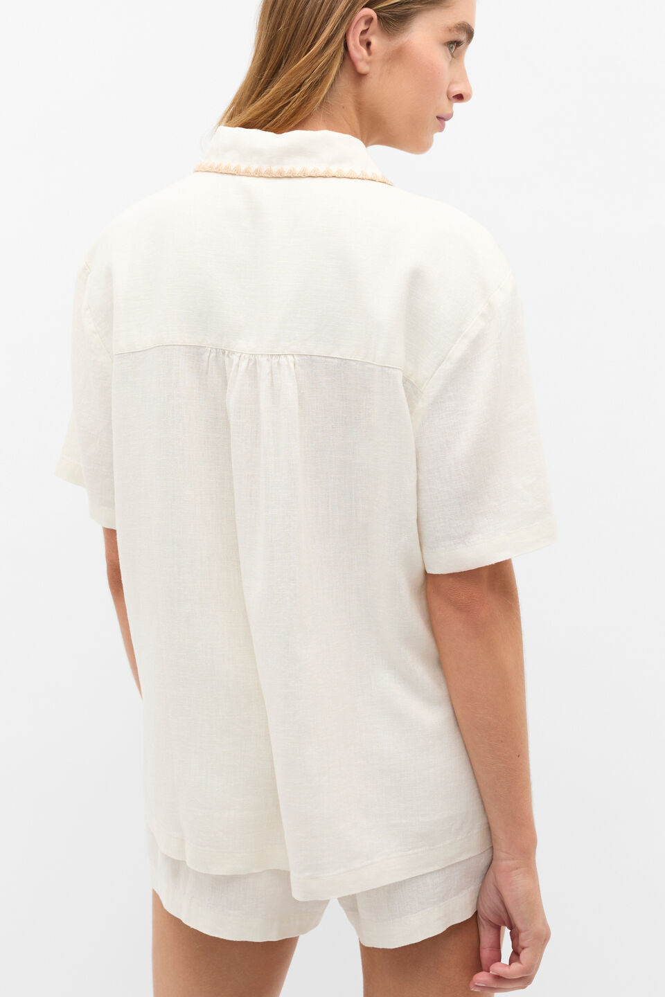 Embroidered Shirt and Short PJ Set  Cloud Cream