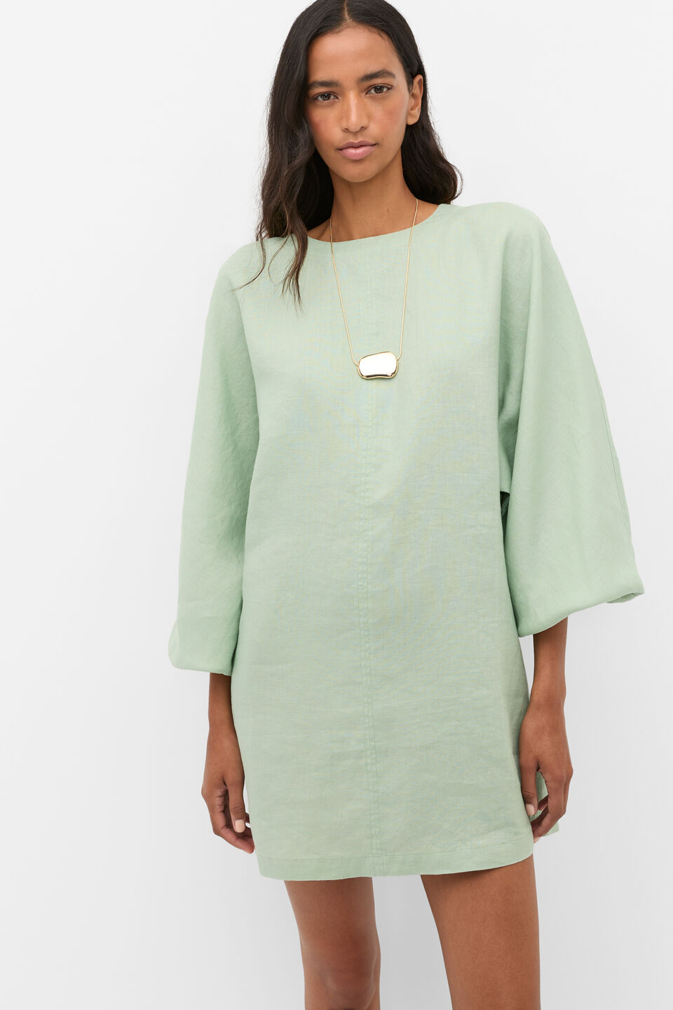 Linen Blouson Sleeve Dress  Eucalyptus