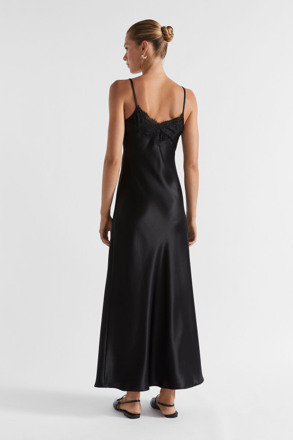 Satin Lace Trim Slip Dress  Black