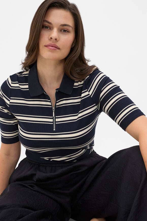 Variegated Rib Polo Top  Twilight Blue Stripe  hi-res