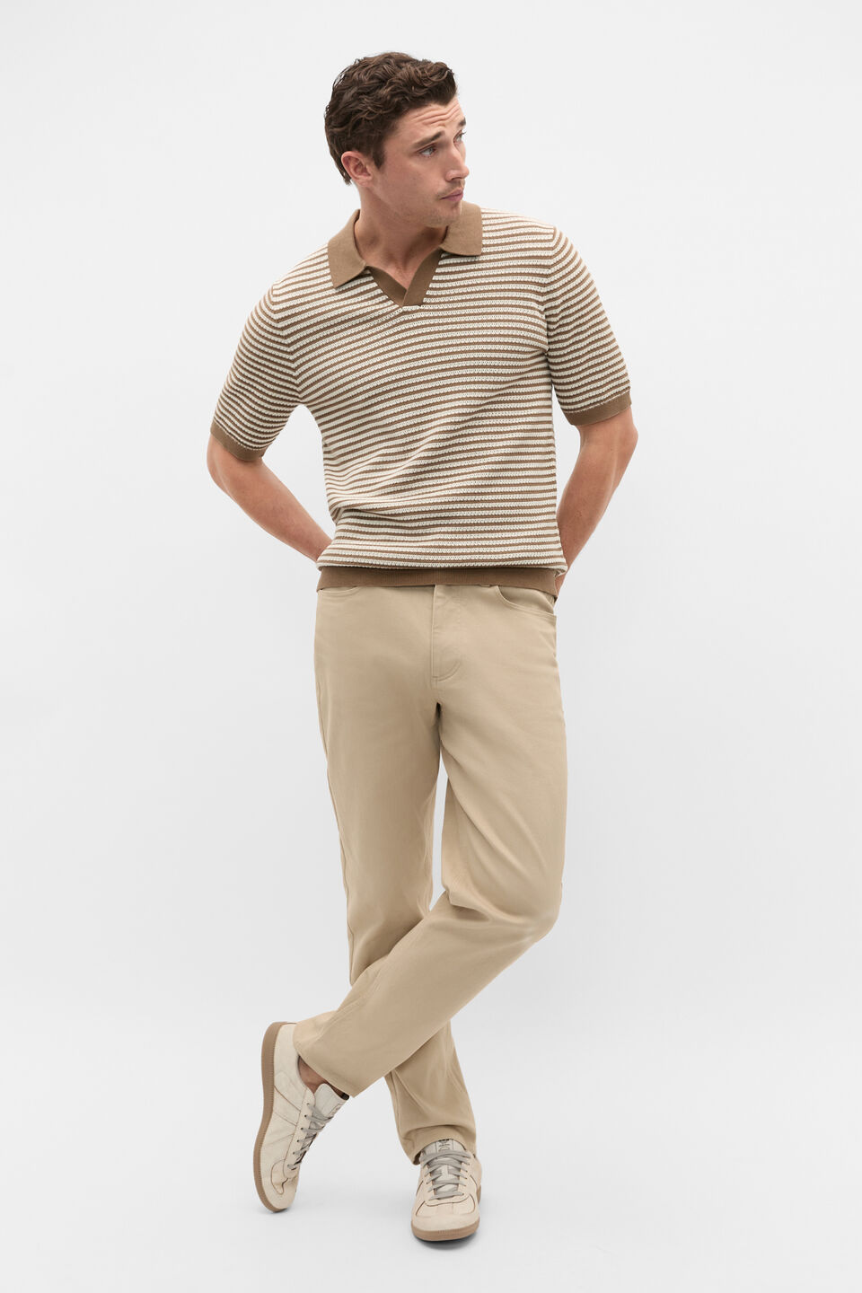 Contrast Stripe Knit Polo  Coffee