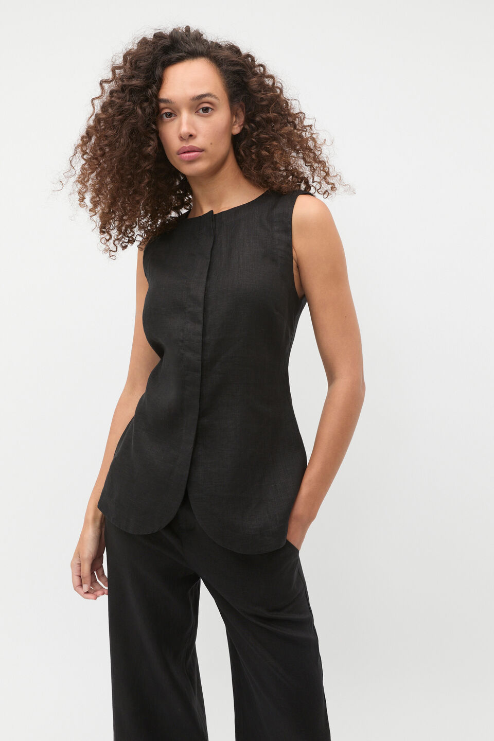 Linen Concealed Placket Vest  Black