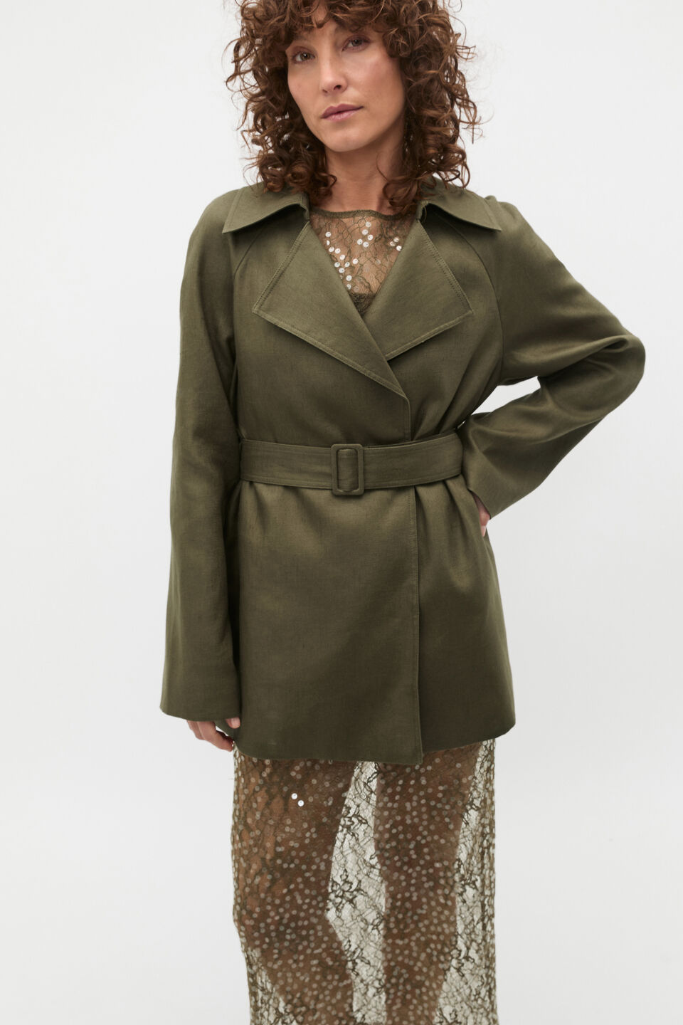 Linen Crop Trench Coat  Olive Leaf