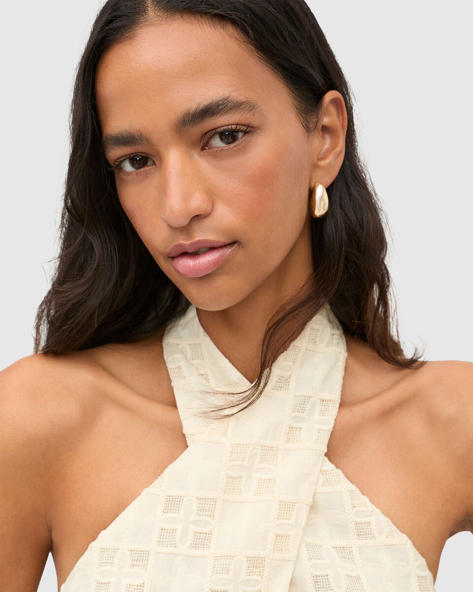 Tile Embroidery Halter Mini Dress  Coconut Cream