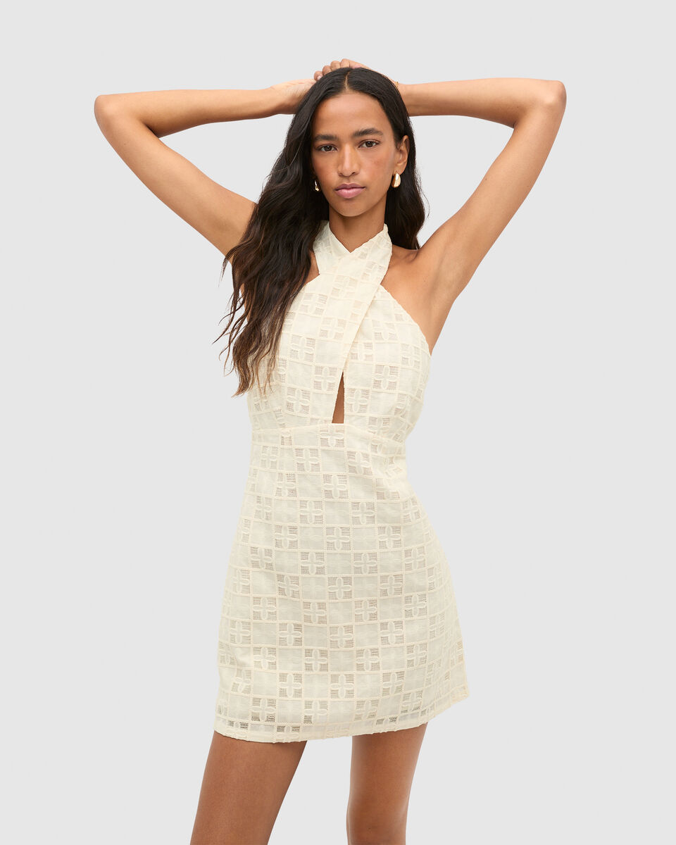 Tile Embroidery Halter Mini Dress  Coconut Cream